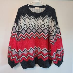 Red Black Gray Fair Isle Sweater - Women's Winter Nordic Knit - Size Medium